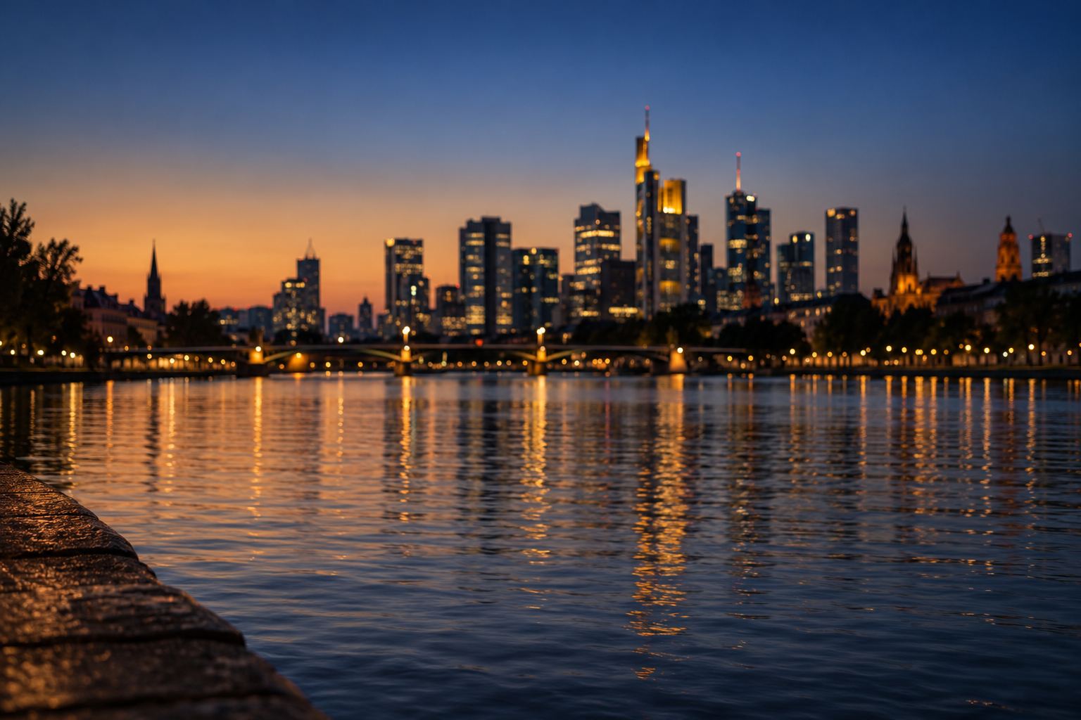 Mainufer in Frankfurt am Main zur Abenddämmerung