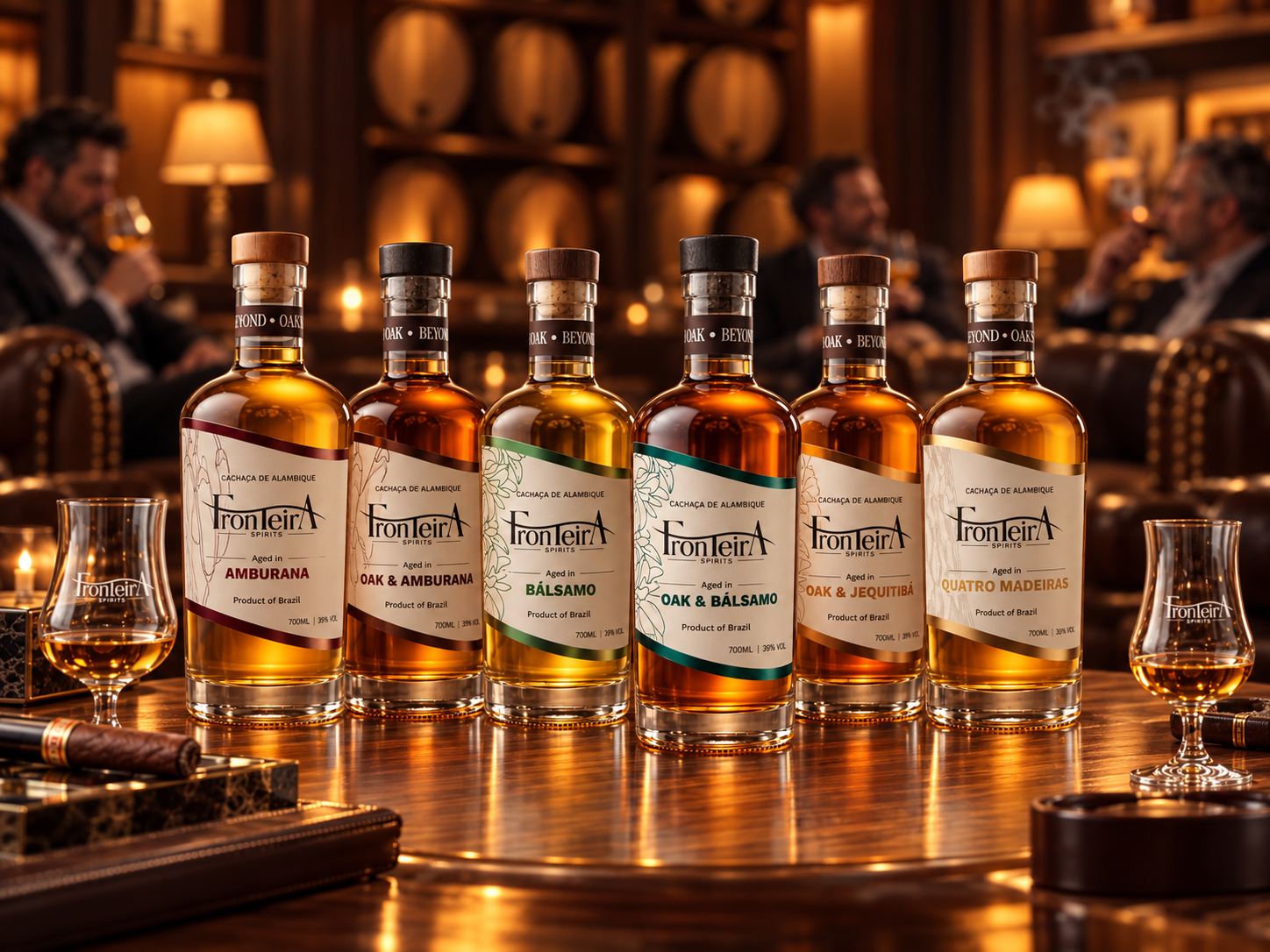 Sechs Flaschen Fronteira Spirits Cachaça auf einem Bartisch