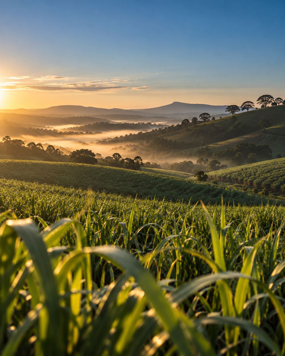 Zuckerrohrfelder auf sanften Hügeln in Brasilien im Morgenlicht